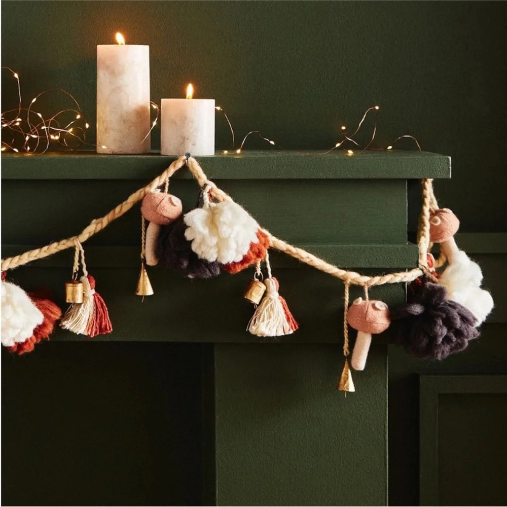 Anthropologie‎ Festive Pom Garland with bells and mushrooms